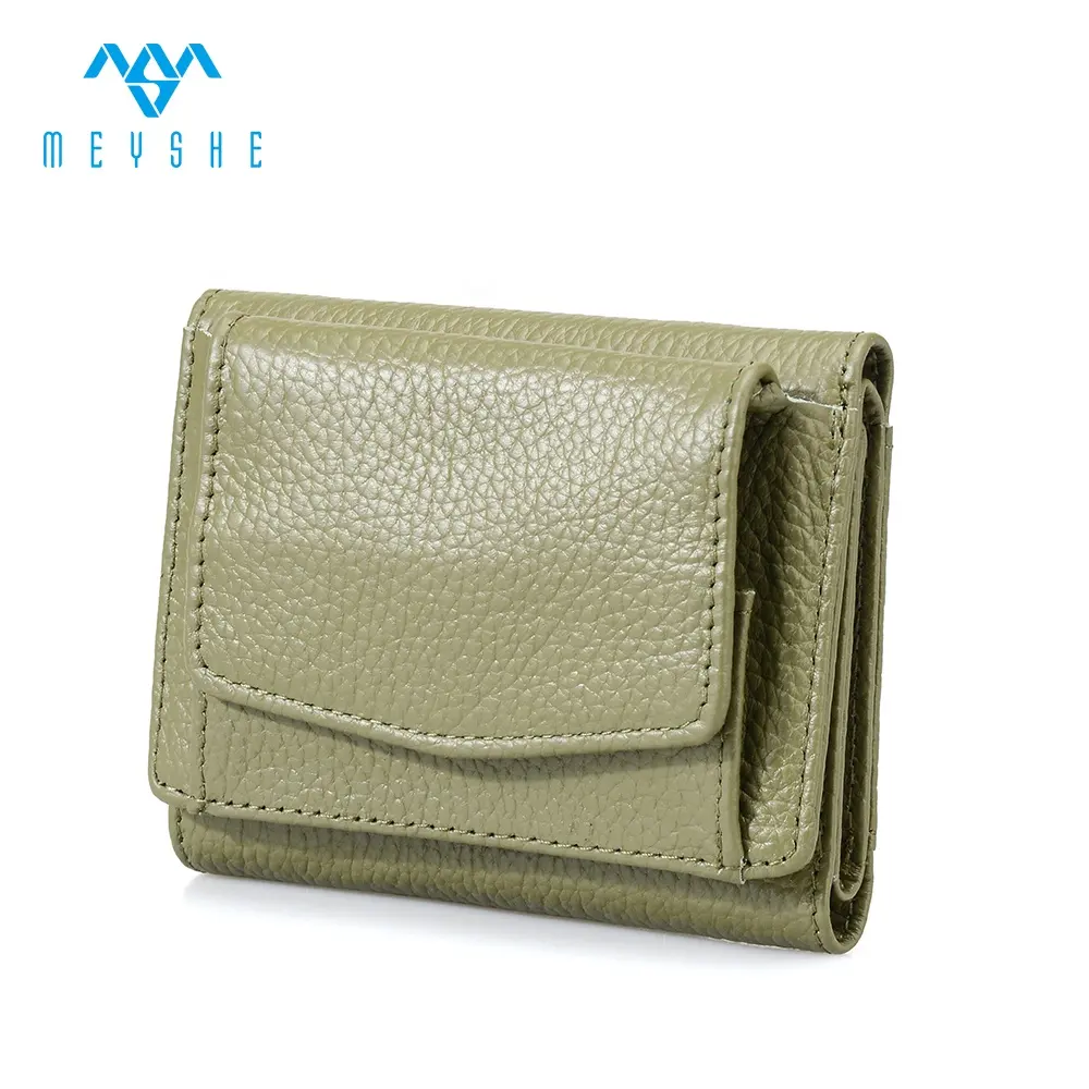 Custom Green Genuine Leather High Quality Mini Women Wallets Purse Card Holder With Button