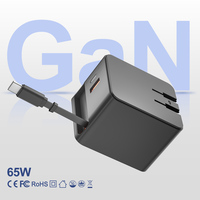 Chargeur de Voyage 65W à 2 Ports USB A+C avec Câble Type-C Rétractable, Prise UK/US/UE, Adaptateur Secteur à Charge Rapide PD QC 3.0