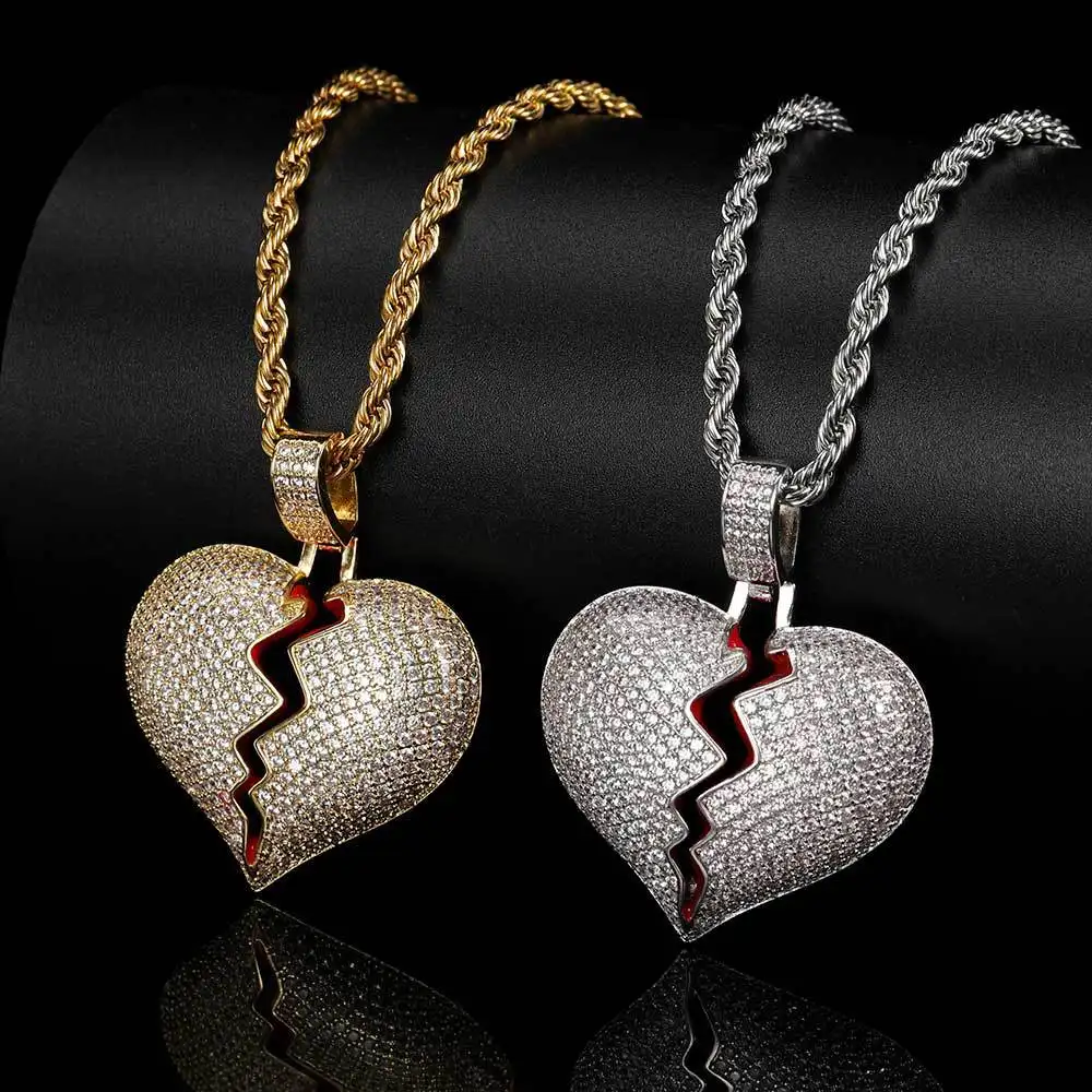 2021 Hip Hop Jewelry 18k Gold Plating Broken Heart Pendent Iced Out CZ Cubic Zirconia Necklace Broken Heart Pendant Necklace