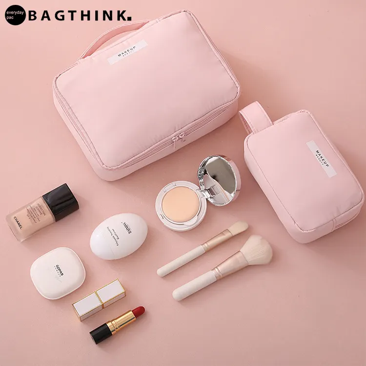 Large case waterproof makeup bag travel cosmetic organizer light color makeup bag with two way zipper