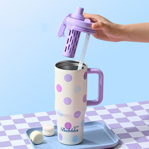Gobelet isotherme de voyage 900 ml avec double poignée, imprimé dessin animé mignon, couvercle en silicone PP, en acier inoxydable - Product Image 3