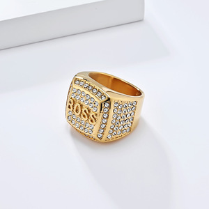 Anillo Cuadrado Boss Letter con Micro Pavé de Diamantes Completos, Joyería Masculina para Fiestas, Acero de Titanio Chapado en Oro - Product Image 3