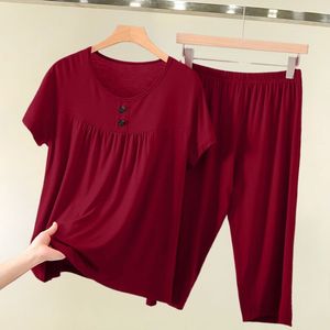 Women's Short Sleeve Capri Pants Set Lightweight Breathable Knitted Casual Two Piece Plus Size Pink - Product Image 3