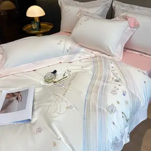 सौंदर्य रानी उत्पाद सेट Suppliers-अनुकूलित नवीनतम चार टुकड़ा बच्चों का सा तारों से आकाश कढ़ाई लड़की दिल गुलाबी बॉर्डर कपास बिस्तर