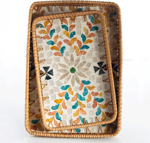 Plateau de rangement <span class=keywords><strong>en</strong></span> rotin incrusté de nacre, base <span class=keywords><strong>en</strong></span> bois, fait main, plateau <span class=keywords><strong>en</strong></span> osier, décoration de table basse, décoration de maison de style côtier, moderne et portable - Product Image 1