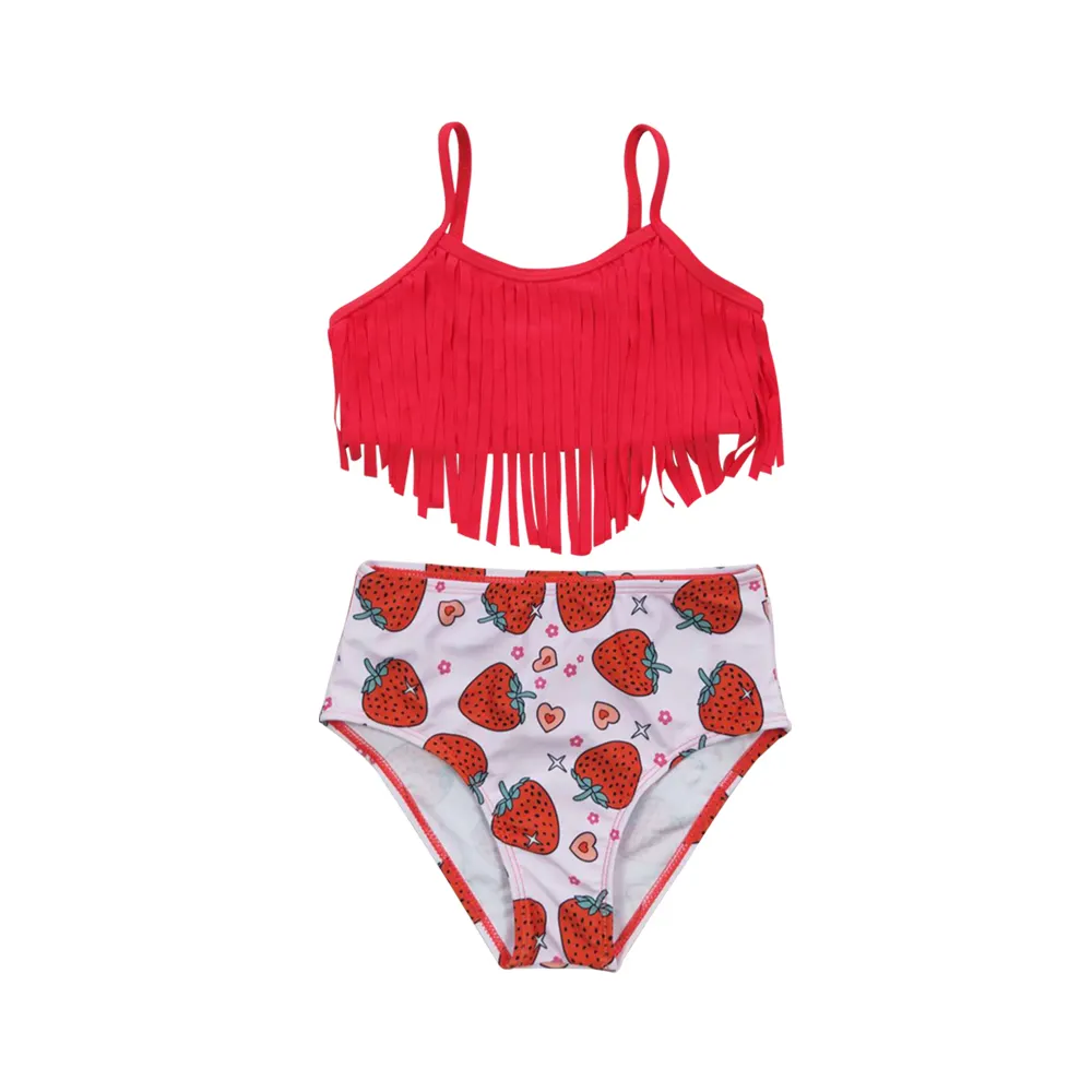 S0142 Cuecas com franjas vermelhas estampadas de morango Maiô de alta qualidade roupa de praia infantil para meninas