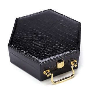 Luxury Gift Hexagon Storage Crocodile High-end Jewelry Genuine Black Necklace With Handle Wholesale Custom Leather Box