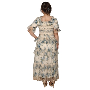 Oem ODM tùy chỉnh màu xanh hoa in kỹ thuật số ăn mặc bán buôn Chất lượng cao smocked bùng Váy Mùa Hè Dresses phụ nữ quần áo - Product Image 4