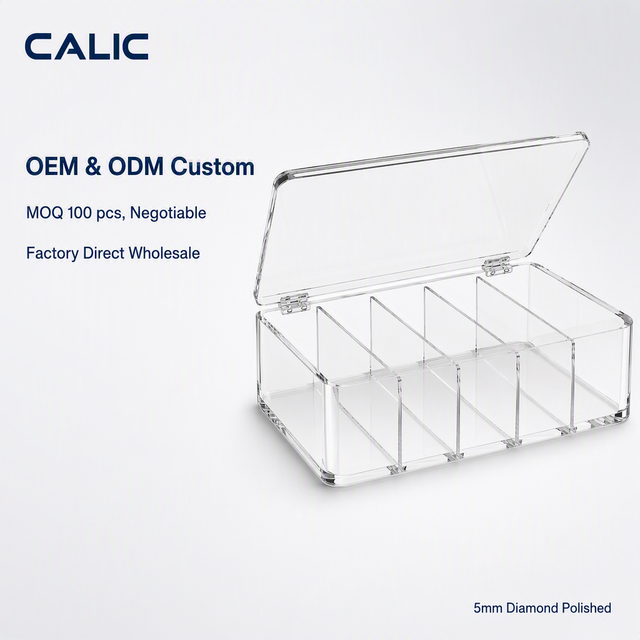 Calic Acrylic Cable Organizer Box Clear Transparent 6-Slot Flip Lid Case for Charger Storage Custom Size OEM Wholesale