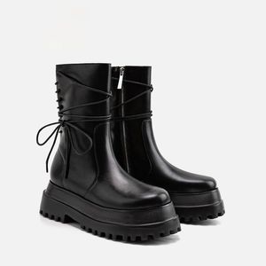 Botas de Media Pantorrilla con Cordones para Mujer, Estilo Vintage, Punta Redonda, Cuero Negro, Cierre Lateral, Plataforma, Estilo Biker, Otoño Invierno - Product Image 5