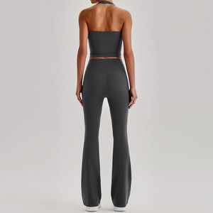 Ensemble de yoga taille haute pour <span class=keywords><strong>femme</strong></span>, effet ventre plat et lifting des fesses, sensation seconde peau, haute extensibilité, pour la gym et le fitness, comprenant un pantalon évasé et un soutien-gorge - Product Image 3