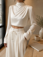 Ensemble deux pièces pour femmes Joydressing, haut court à col haut ivoire, pantalon large à nouer à la taille, vente en gros