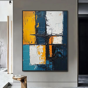Décoration d'intérieur, peinture sur toile abstraite géométrique jaune et bleue contemporaine, faite à la main avec un <span class=keywords><strong>couteau</strong></span> à palette en <span class=keywords><strong>acrylique</strong></span> - Product Image 3
