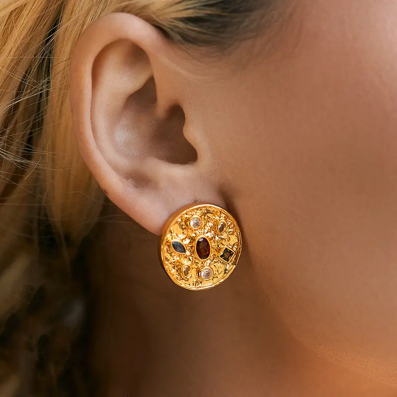 Retro Disc Circle Earrings for Women Stainless Steel Gold Stud Earring 18k Gold Plated Jewelry Earring