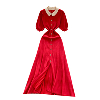 Robes midi élégantes en tricot pour femmes, col en dentelle contrastée, manches courtes bouffantes, simple boutonnage, plissées, robe féminine