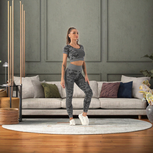 ชุดออกกำลังกายผู้หญิงแบบไร้ตะเข็บ 2 ชิ้น เสื้อแขนสั้นกีฬาและกางเกงเลกกิ้งเอวสูงผ้ายืดไนลอน พร้อมชุดโยคะ - Product Image 3