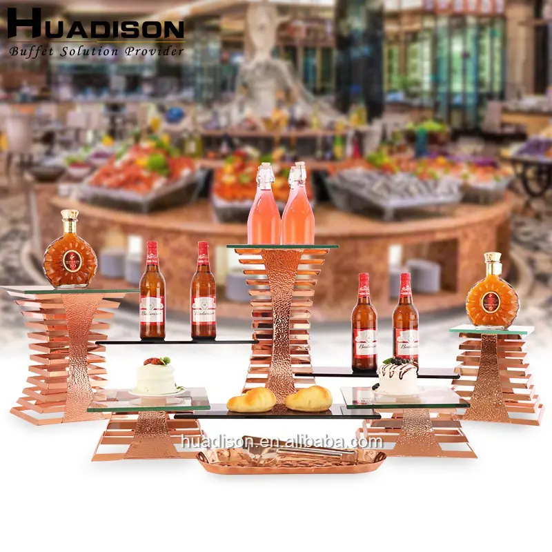 Huadison Hotel Feest Decoratie Koninklijke Catering Buffet Dessert Voedsel Display Riser Roségouden Cupcake Stand Ingesteld Voor Bruiloft