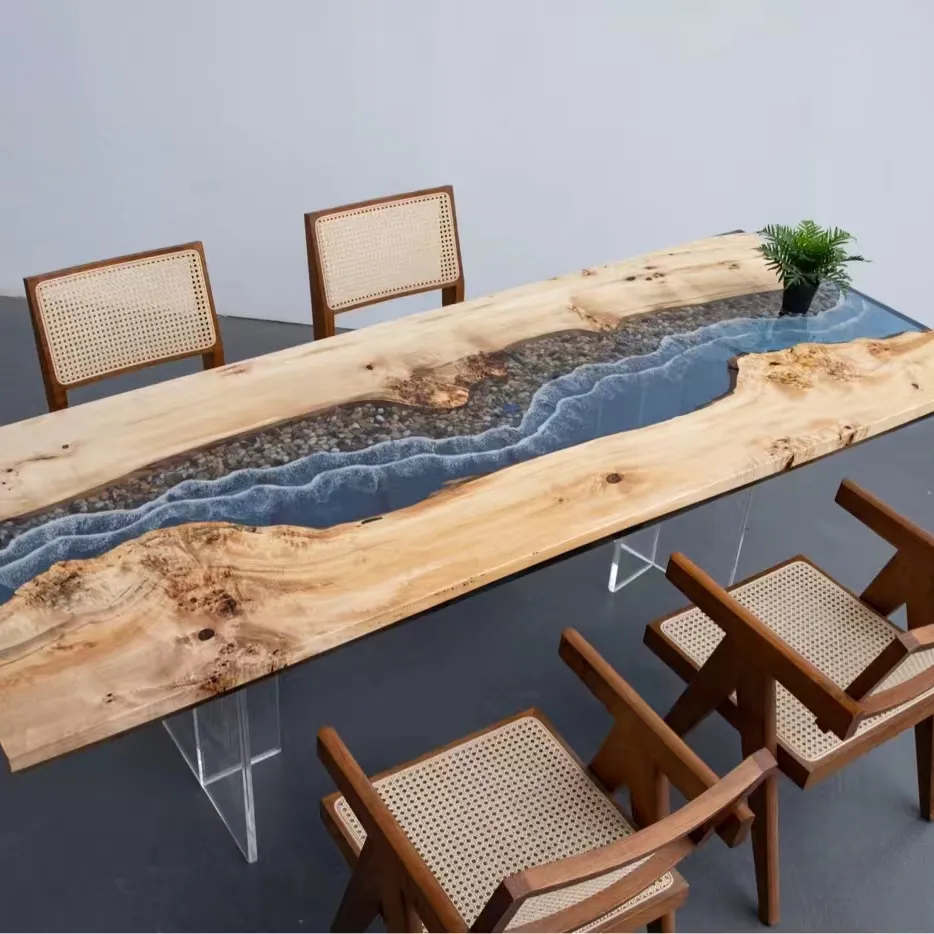 Meja epoksi kayu popler putih Perancis, desain seni meja epoksi Resin kayu Solid Sungai biru untuk ruang makan