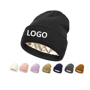 High Quality Custom Logo Knit Silk Lined <b>Beanie</b> Solid Blank Warm Winter Hat Stain Lined <b>Beanie</b> Hats - Product Image 1