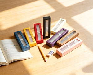 Boîte à stylos en papier de couleur unie avec couvercle et base, fenêtre transparente, boîte cadeau bronzée, design rectangulaire, emballage de luxe pour stylos - Product Image 2