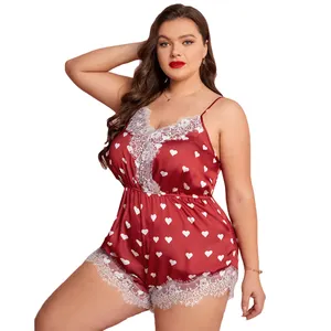 Eyelash Lace Trim Satin Woman Nightwear Plus Size Allover Heart Print Valentines Onesie Pajamas