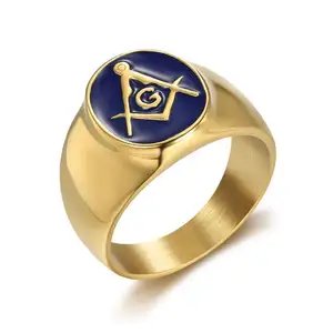 DY Wholesale Custom Hiphop Titanium Steel Jewelry Gold Plated Blue Glue Masonic Ag Stainless Steel Ring Men