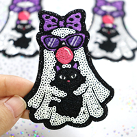 Patch Bordir Payet Kucing Penyihir Glam 3 inci, Pita Ungu Halloween, Kacamata Hitam, Aplikasi Bordir Pink, Patch Setrika untuk Topi dan Tas