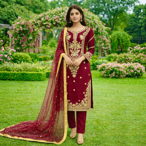 Traje Anarkali Bordado Color Granate con Dupatta, Estilo Tradicional Indio-Pakistaní para Mujer, Corte Regular, Largo hasta la Rodilla, Ideal para Bodas, en Seda - Product Image 1