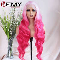 Rambut KEMY Pink 6*13 sintetis HD transparan renda Wig grosir longgar gelombang tahan panas serat Wig sintetis untuk WANITA HITAM