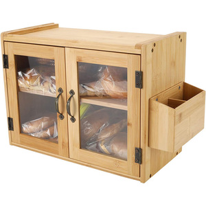 Boîte à pain double couche en bambou et bois Xingzhu avec porte en verre 41,3 cm, support de rangement de cuisine pour couteaux, fourchettes et ustensiles - Product Image 3