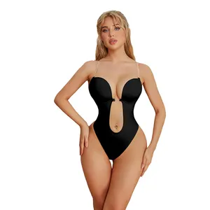 Women's sexy Black Nude Removable Strap Backless Swimsuit Bodysuit U Shape Body Shaping Thong Shapewear