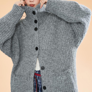 <strong>Women's</strong> Gray <strong>Chunky</strong> Ribbed Turtleneck Oversized <strong>Cardigan</strong> - Cozy Casual Daily Top - Product Image 5
