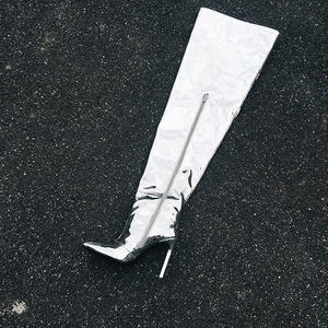 Bright Mirror Leather Women's Over Knee High <b>Boots</b> High Heels Winter Shoes Silver Pointed Toe Sexy Thigh <b>Boots</b> Big Size 48 - Product Image 5