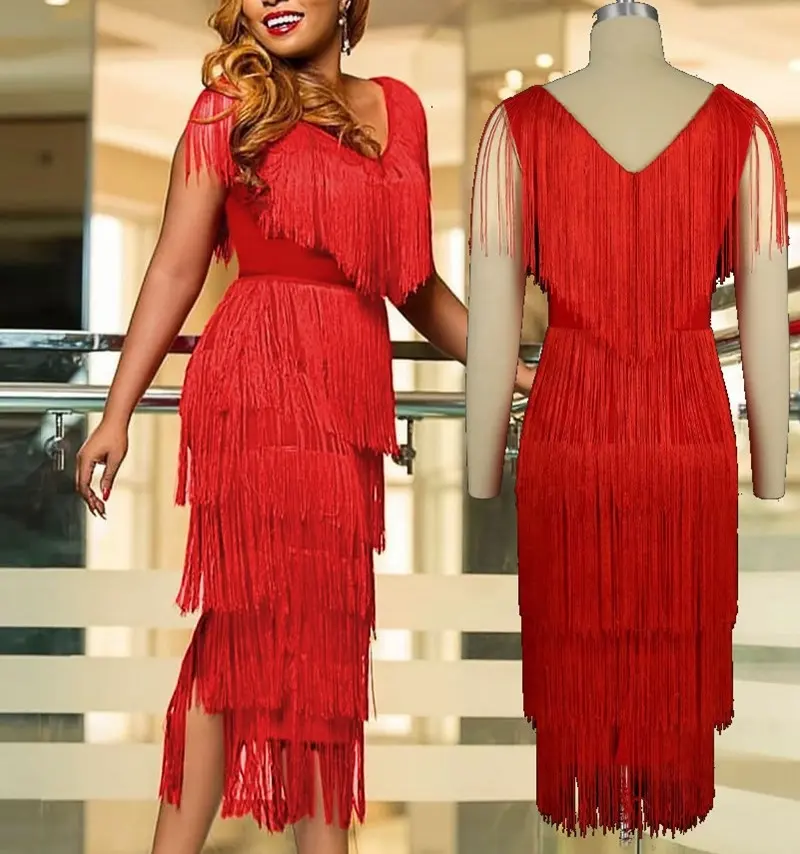 Y212033 Red Tassel Dresses Women Sexy V Neck Fringe Cocktail Event Party Outfits Sleeveless Summer Fashion Gowns for Ladies
