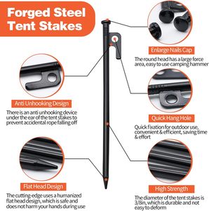 Piquets de tente 12in Heavy Duty avec sac de rangement, piquets de tente en acier forgé pour le <span class=keywords><strong>camping</strong></span>, incassables et inflexibles (8 piquets 12in) - Product Image 3