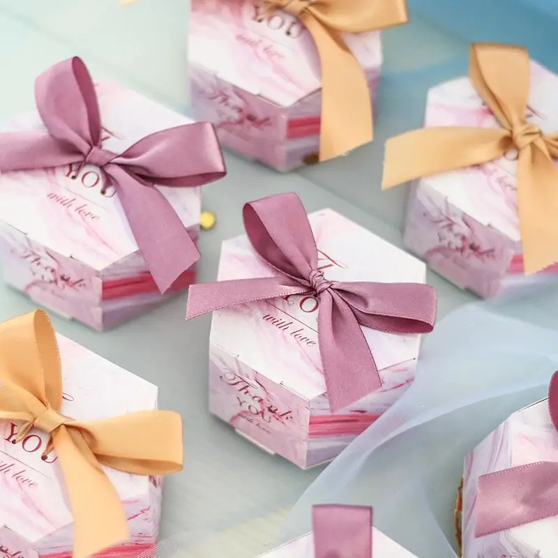 Scatola regalo con fiocco esagonale in oro viola per anniversario di matrimonio scatola di caramelle per feste di san valentino