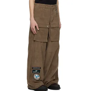 OEM Streetwear Zip Fly Front Cargo Pocket Custom Embroidery Patch Wide Leg Corduroy Pants Men
