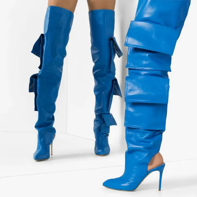 blue leather thin heel pointed side pockets boot women fashion boots high heel boots