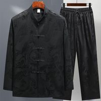 Set Latihan Tai Chi Pria Baju Tradisional Cina Hanfu Lengan Panjang Motif Bunga Kancing Depan Bahan Sutra Es