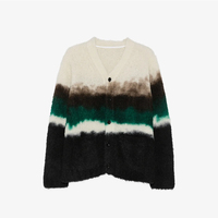 Cardigan en maille mohair duveteux à rayures dégradées personnalisé OEM pour homme, col en V, boutonné, color block, pull tricoté ample et duveteux, vêtement d'extérieur