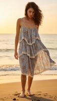 Robe midi florale d'été 2026 pour femme, style bohème, en dentelle fluide, coupe patineuse, sans manches, à volants et à fines bretelles spaghetti