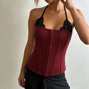 Vintage <b>Lace</b> Panel Halter Top-Sexy <b>Corset</b>-Inspired CAMIS with Slim Fit Crop Design Knitted - Product Image 3