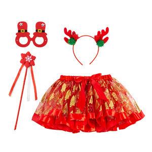 Falda tutú de encaje con estampado navideño para niñas, diadema, máscara para los ojos, varita mágica, conjunto de cuatro piezas, falda de malla ecológica para fiesta navideña - Product Image 6