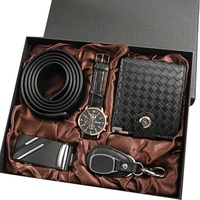 Set Hadiah Jam Tangan Pria Chronograph Bisnis, Dompet, Sabuk, Gantungan Kunci 5pcs/set, Hadiah Ulang Tahun Liburan