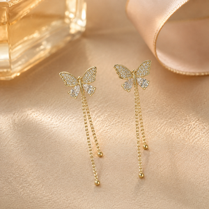 Orecchini a perno con catena a farfalla e nappine per donna, eleganti, dolci, delicati, gioielli alla moda - Product Image 4