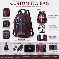 Sac à dos Ita Bag personnalisé en PU avec fenêtre croix gothique, panneau d'affichage en PVC, doublure en velours rouge, fermeture éclair et fermoir, sac de voyage Itabag