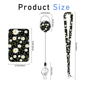 In stock: Black background with white daisy floral pattern, detachable neckband, badge scroll, vertical ID card holder. - Product Image 2