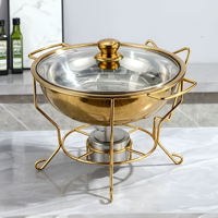 Matériel de restauration : Réchaud de buffet doré sur pied de 4,5 litres, Chauffe-plat rond doré de 8 litres pour traiteur et événements, avec couvercle en verre, pot à soupe