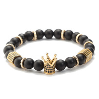 Bracelet à breloques en perles de pierre naturelle dorée et noire à la mode pour hommes femmes à la mode or couronne bracelet cadeaux bijoux accessoires