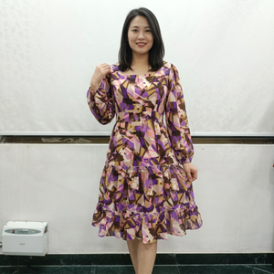 Women's Fashion Geometric Print Asymmetrical Neck Long Sleeve <b>Ruffle</b> Hem Casual Maxi <b>Dress</b> Sweet Breathable Daily Eco-Friendly - Product Image 1